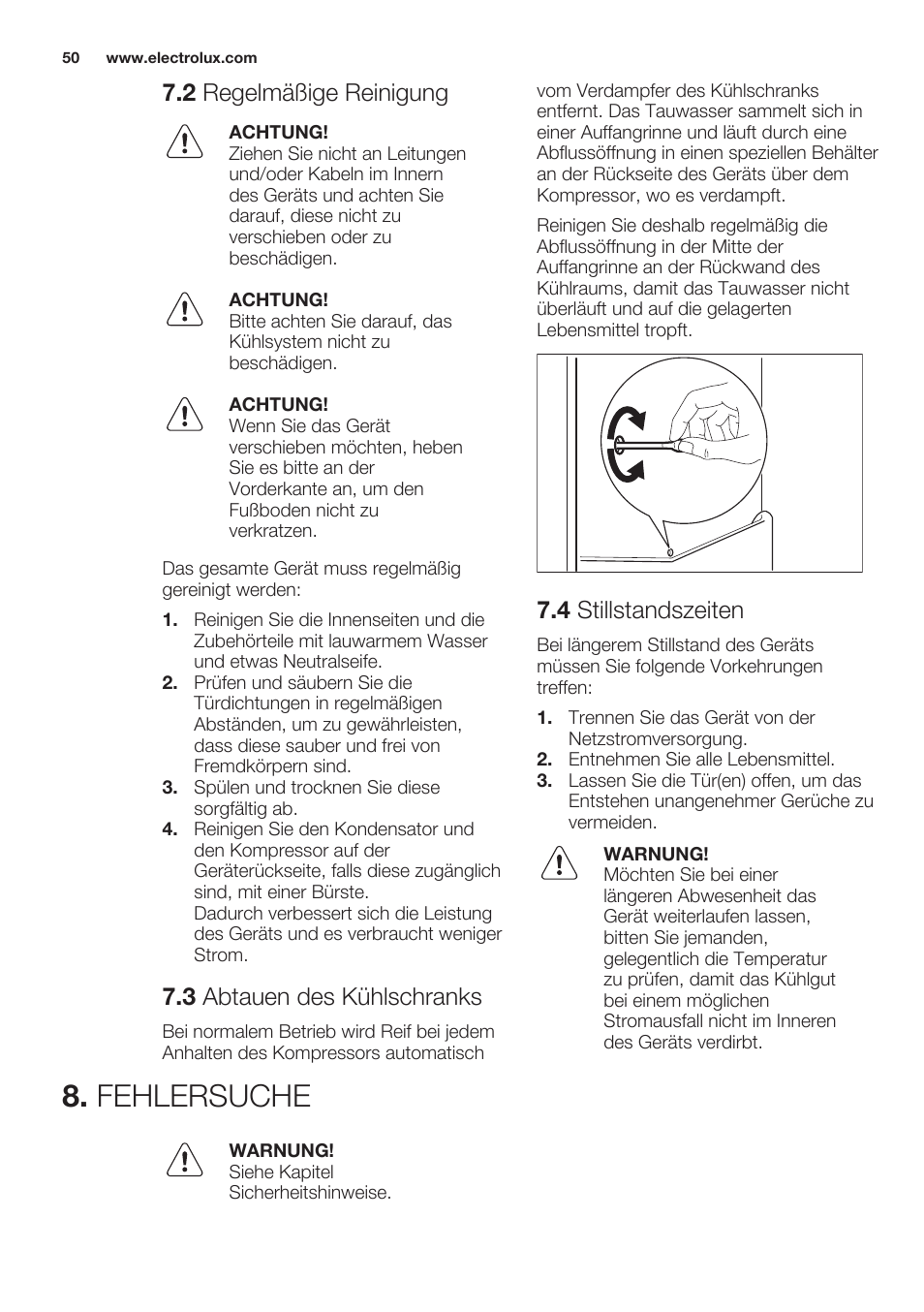 2 regelmäßige reinigung, 3 abtauen des kühlschranks, 4 stillstandszeiten | Fehlersuche | Electrolux ERT1606AOW User Manual | Page 50 / 60