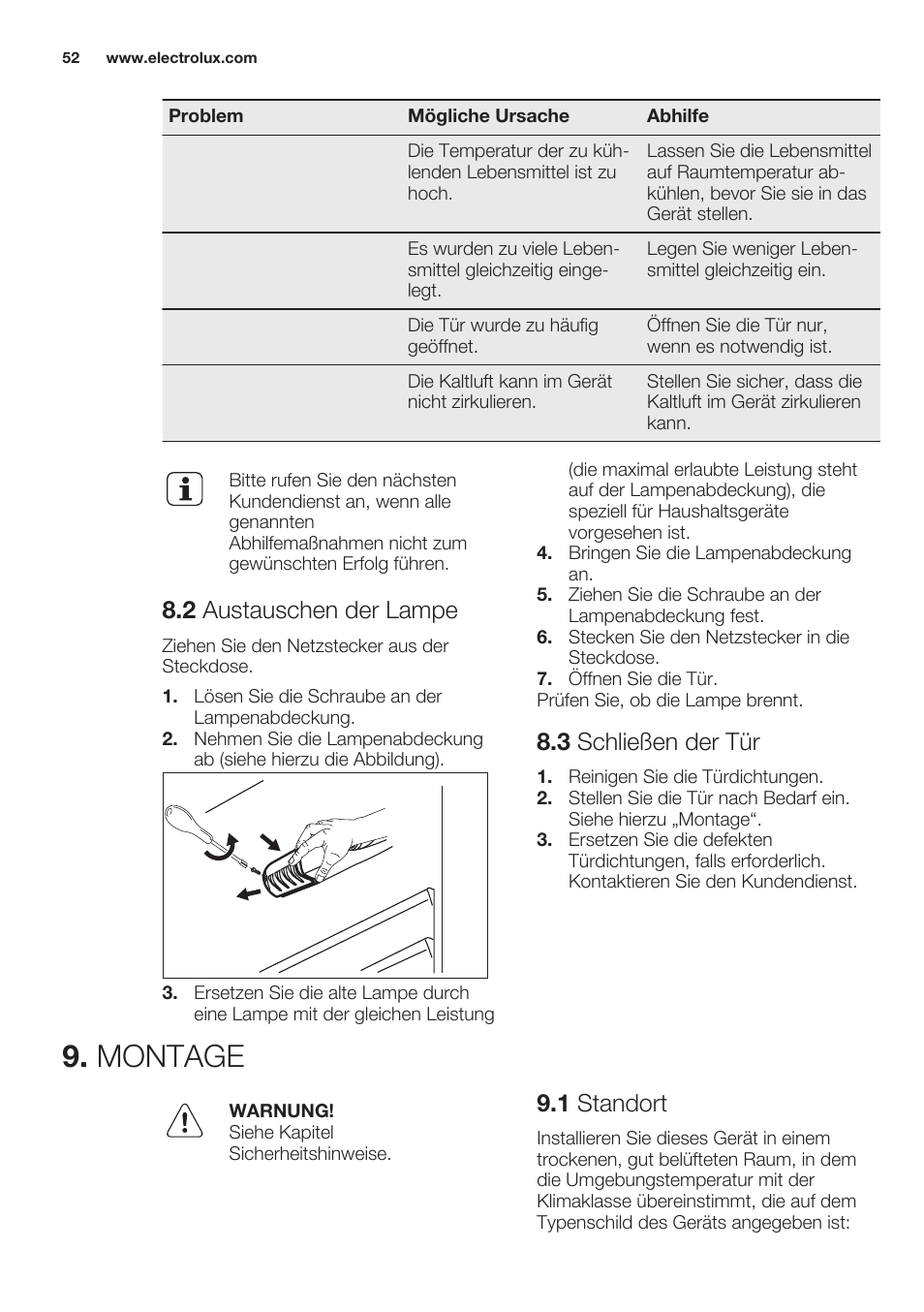 2 austauschen der lampe, 3 schließen der tür, Montage | 1 standort | Electrolux ERT1606AOW User Manual | Page 52 / 60