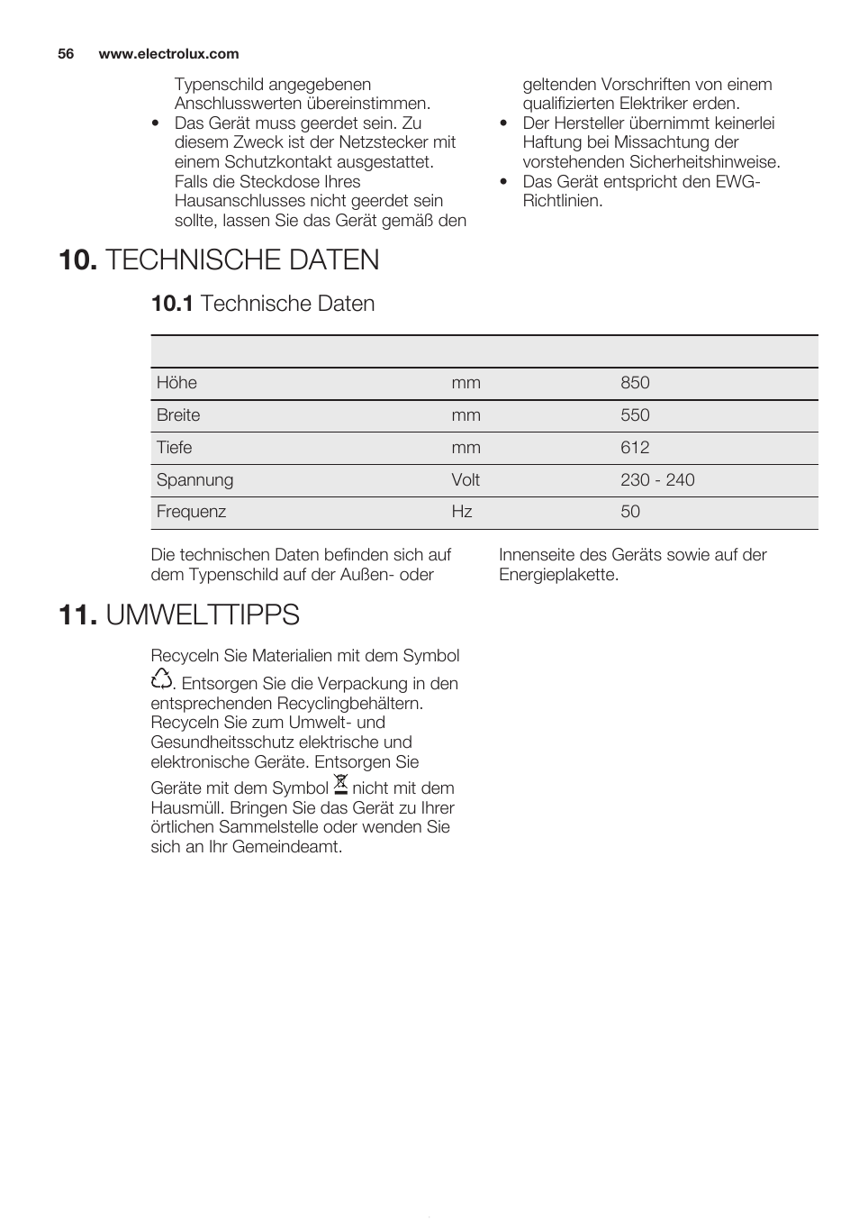 Technische daten, 1 technische daten, Umwelttipps | Electrolux ERT1606AOW User Manual | Page 56 / 60