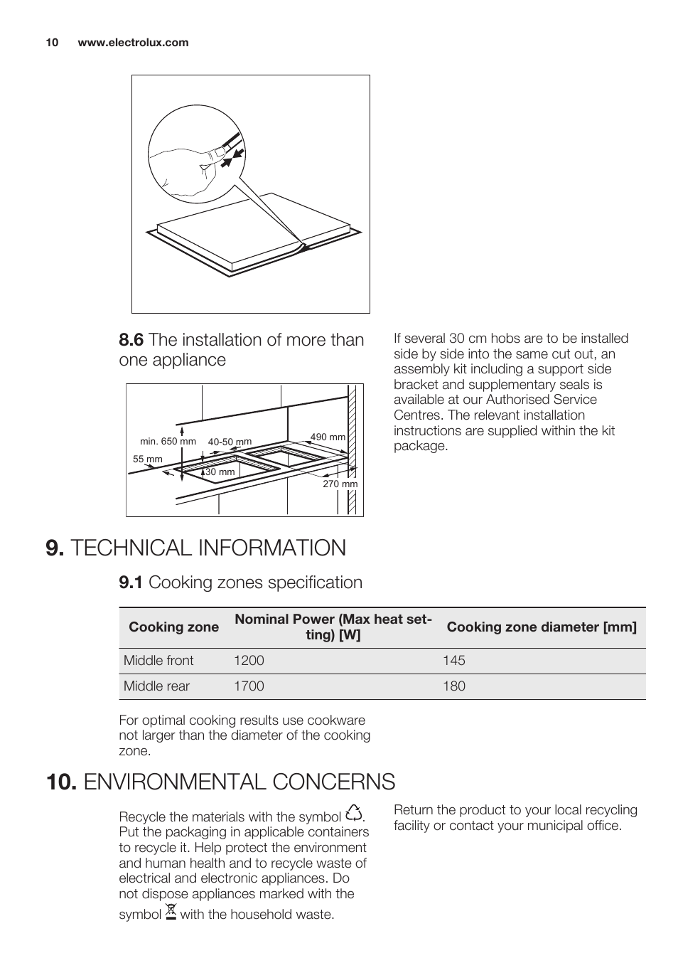 6 the installation of more than one appliance, Technical information, 1 cooking zones specification | Environmental concerns | Electrolux EHF3920BOK User Manual | Page 10 / 44