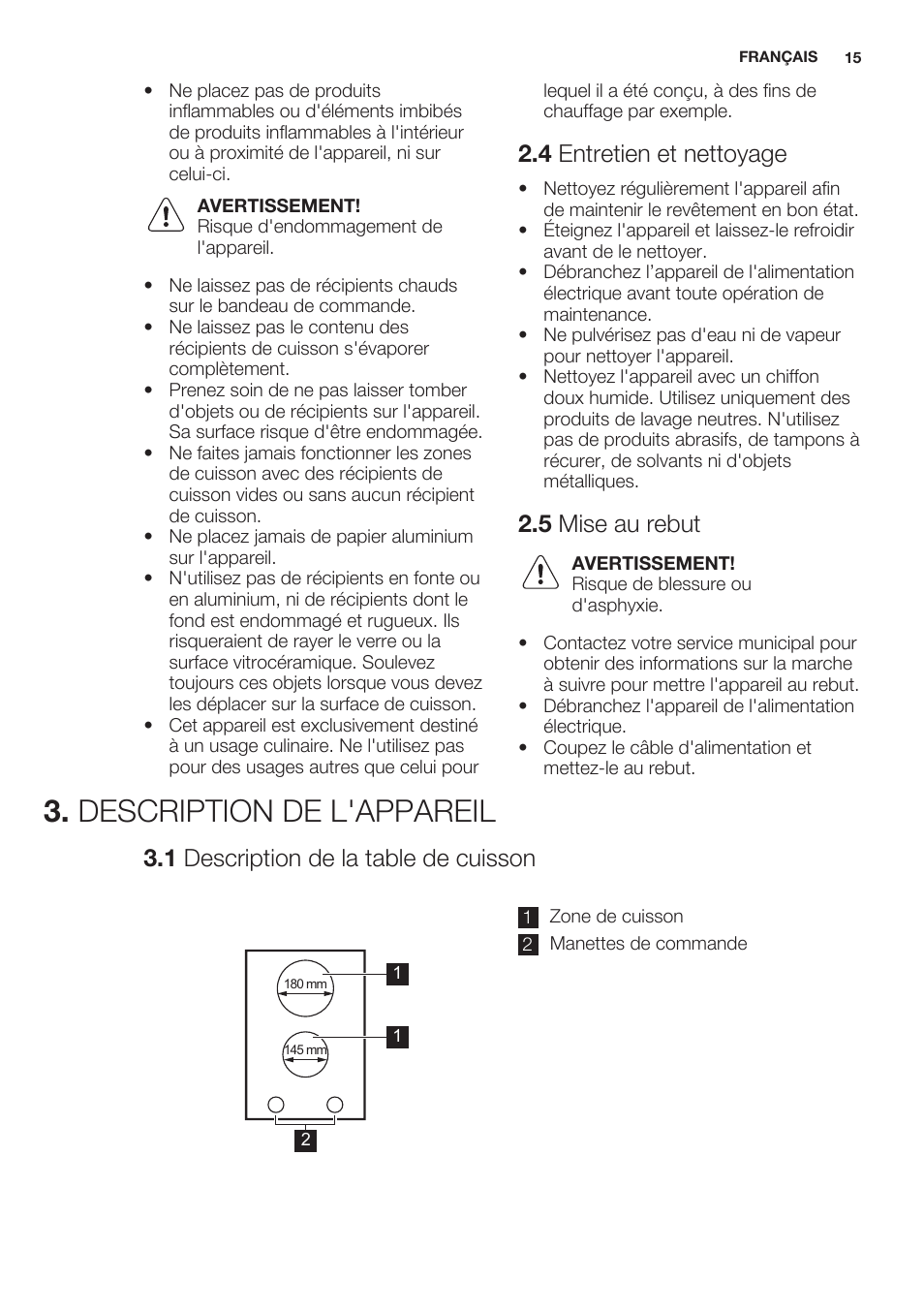 4 entretien et nettoyage, 5 mise au rebut, Description de l'appareil | 1 description de la table de cuisson | Electrolux EHF3920BOK User Manual | Page 15 / 44