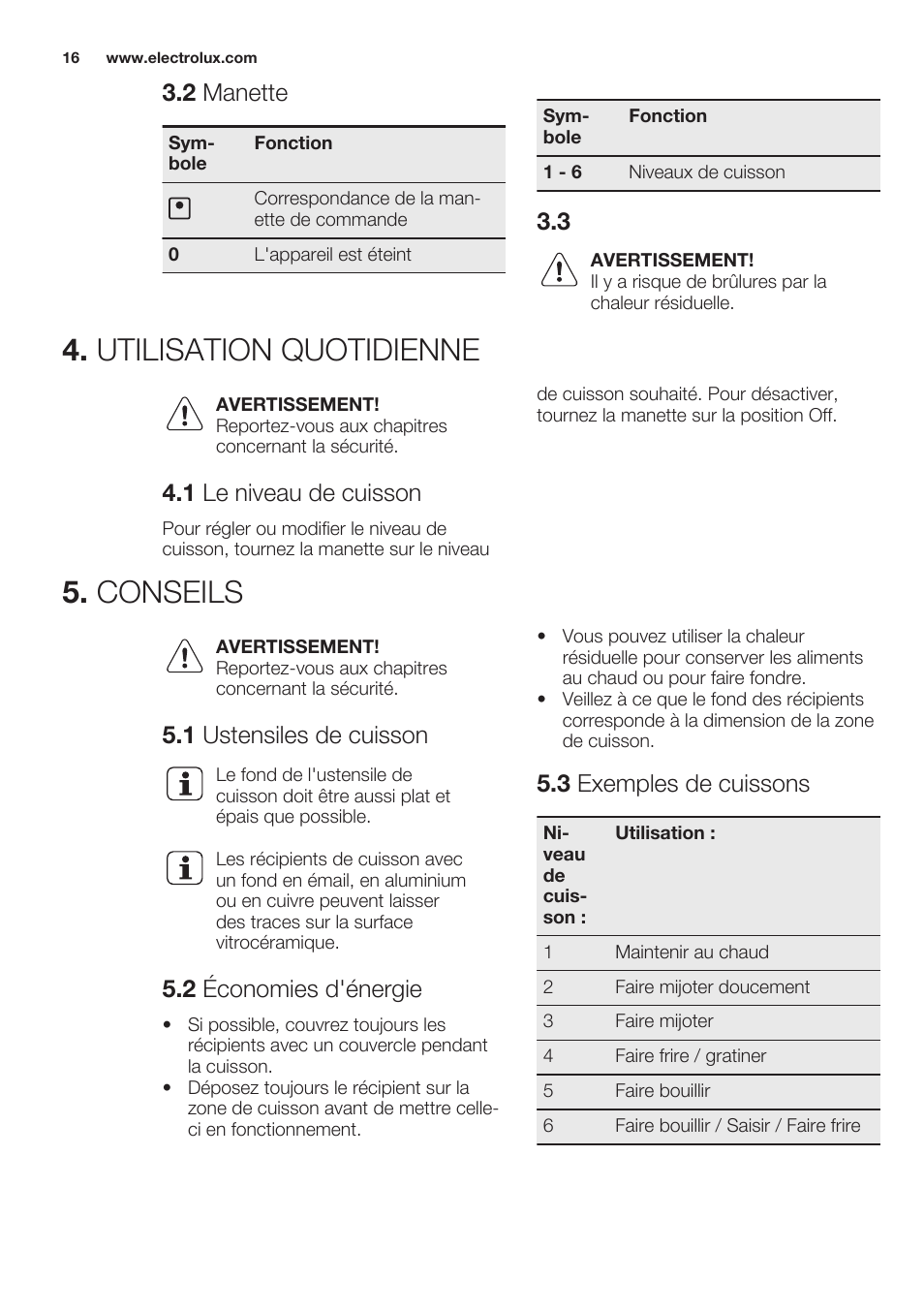 2 manette, Utilisation quotidienne, 1 le niveau de cuisson | Conseils, 1 ustensiles de cuisson, 2 économies d'énergie, 3 exemples de cuissons, Utilisation quotidienne 5. conseils | Electrolux EHF3920BOK User Manual | Page 16 / 44