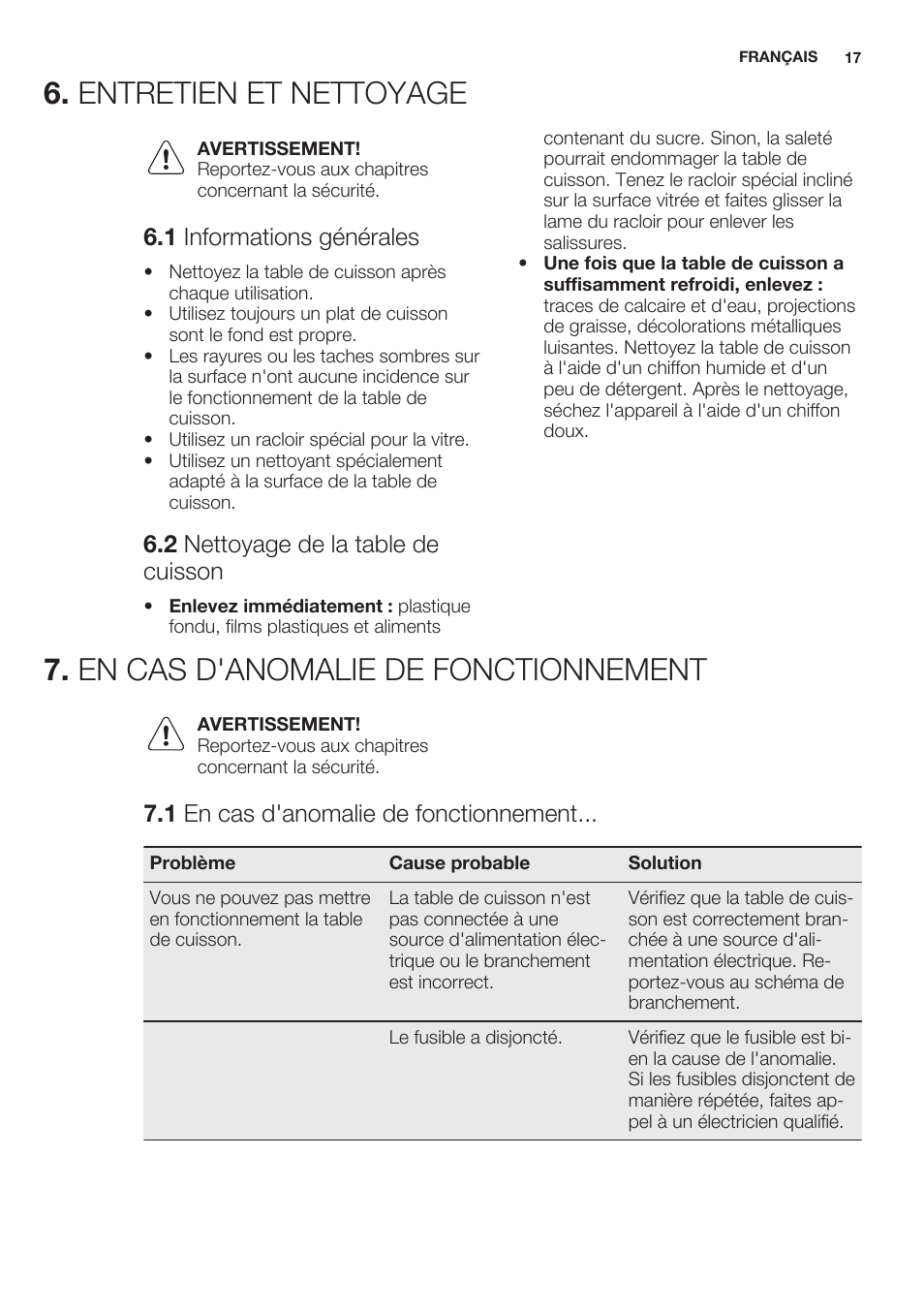 Entretien et nettoyage, 1 informations générales, 2 nettoyage de la table de cuisson | En cas d'anomalie de fonctionnement, 1 en cas d'anomalie de fonctionnement | Electrolux EHF3920BOK User Manual | Page 17 / 44
