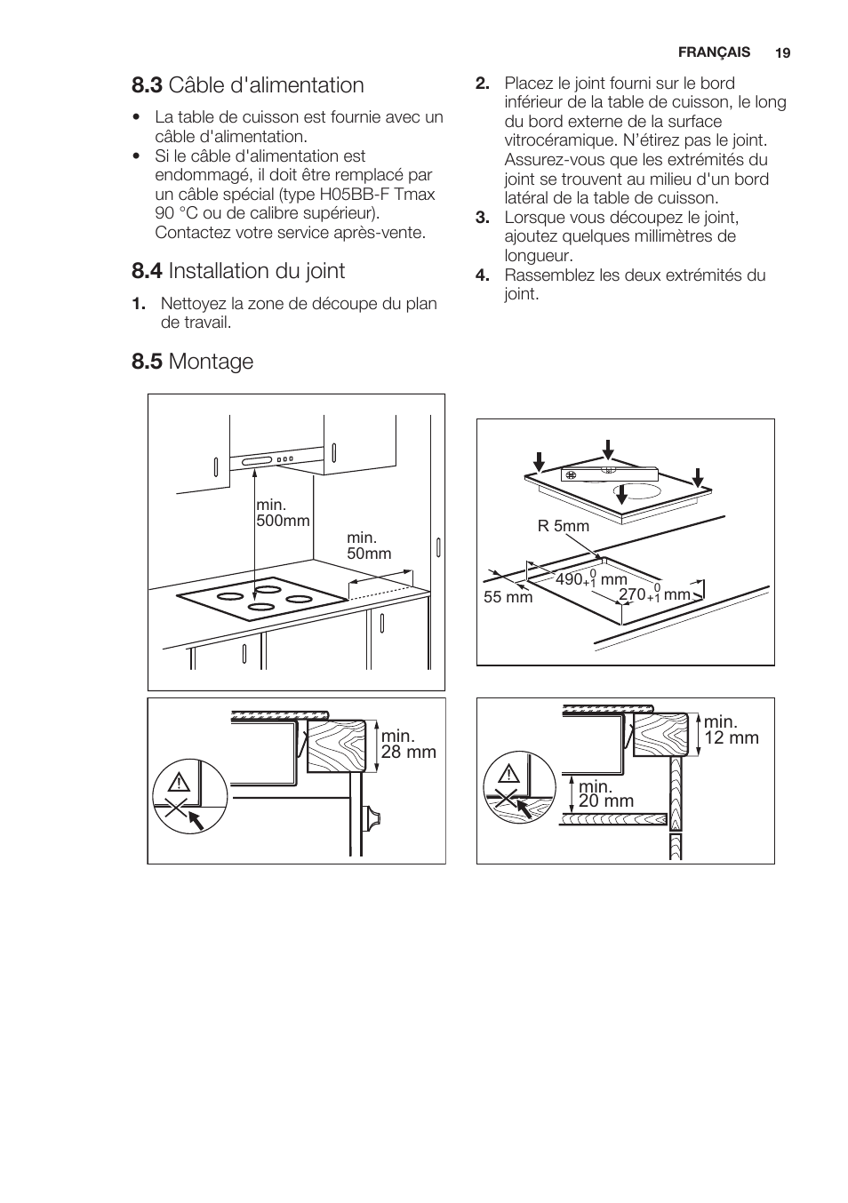 3 câble d'alimentation, 4 installation du joint, 5 montage | Electrolux EHF3920BOK User Manual | Page 19 / 44