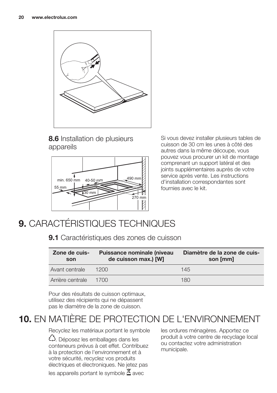 6 installation de plusieurs appareils, Caractéristiques techniques, 1 caractéristiques des zones de cuisson | En matière de protection de l'environnement | Electrolux EHF3920BOK User Manual | Page 20 / 44