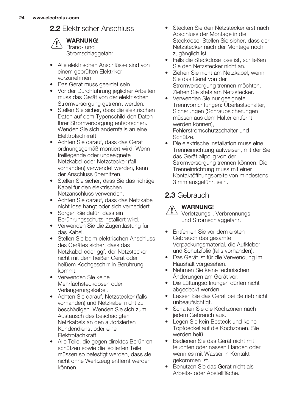 2 elektrischer anschluss, 3 gebrauch | Electrolux EHF3920BOK User Manual | Page 24 / 44