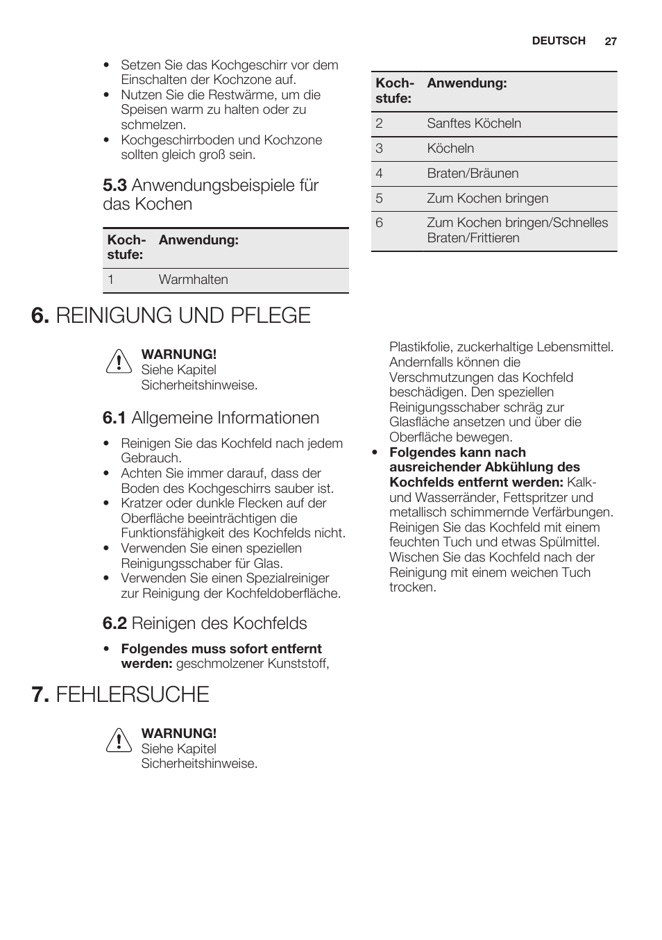 3 anwendungsbeispiele für das kochen, Reinigung und pflege, 1 allgemeine informationen | 2 reinigen des kochfelds, Fehlersuche, Reinigung und pflege 7. fehlersuche | Electrolux EHF3920BOK User Manual | Page 27 / 44