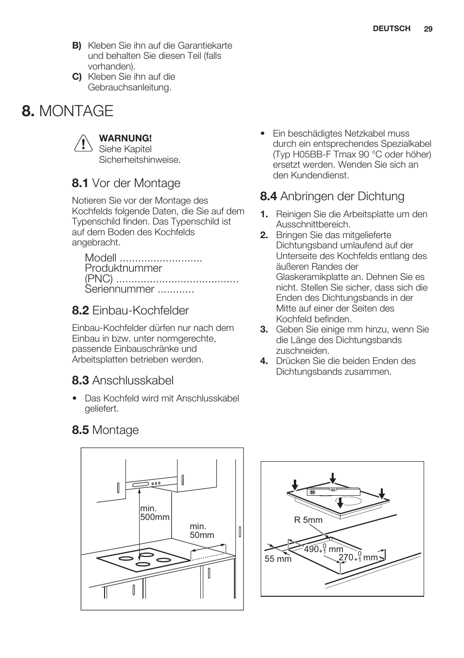 Montage, 1 vor der montage, 2 einbau-kochfelder | 3 anschlusskabel, 4 anbringen der dichtung, 5 montage | Electrolux EHF3920BOK User Manual | Page 29 / 44