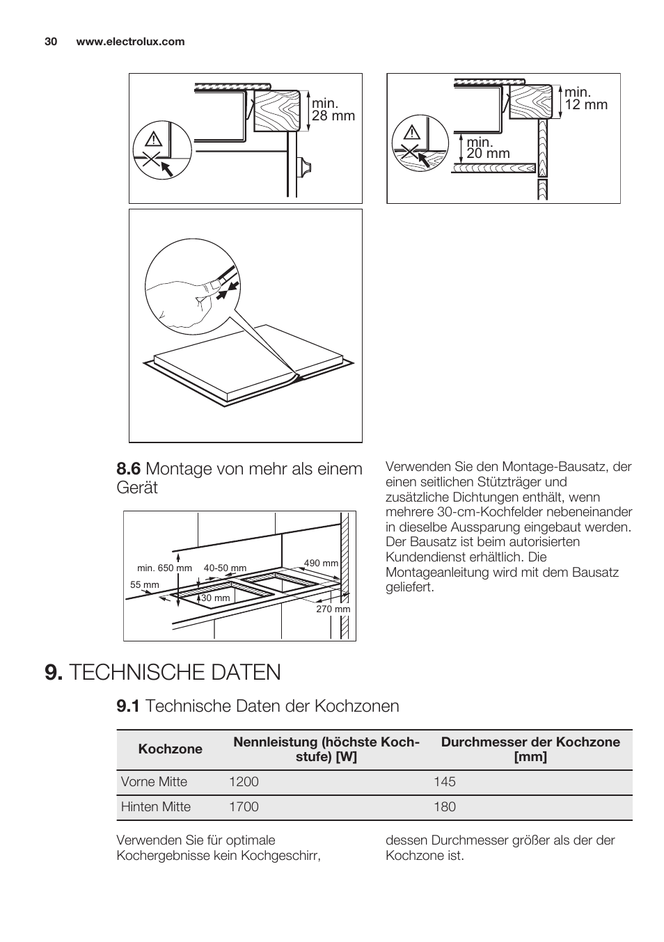 6 montage von mehr als einem gerät, Technische daten, 1 technische daten der kochzonen | Electrolux EHF3920BOK User Manual | Page 30 / 44