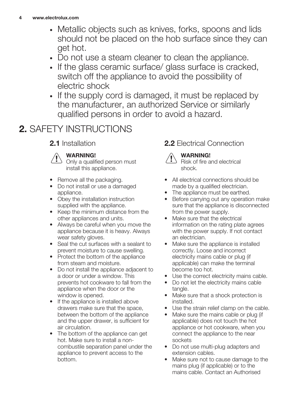 Safety instructions, 1 installation, 2 electrical connection | Do not use a steam cleaner to clean the appliance | Electrolux EHF3920BOK User Manual | Page 4 / 44