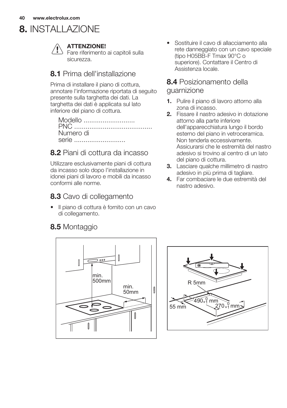 Installazione, 1 prima dell'installazione, 2 piani di cottura da incasso | 3 cavo di collegamento, 4 posizionamento della guarnizione, 5 montaggio | Electrolux EHF3920BOK User Manual | Page 40 / 44