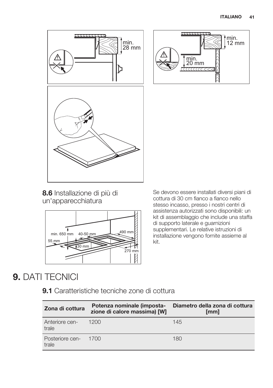 6 installazione di più di un'apparecchiatura, Dati tecnici, 1 caratteristiche tecniche zone di cottura | Electrolux EHF3920BOK User Manual | Page 41 / 44