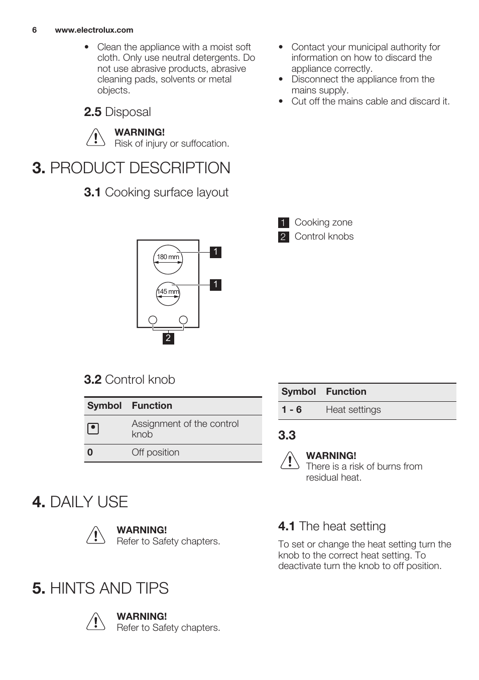 5 disposal, Product description, 1 cooking surface layout | 2 control knob, Daily use, 1 the heat setting, Hints and tips, Product description 4. daily use 5. hints and tips | Electrolux EHF3920BOK User Manual | Page 6 / 44