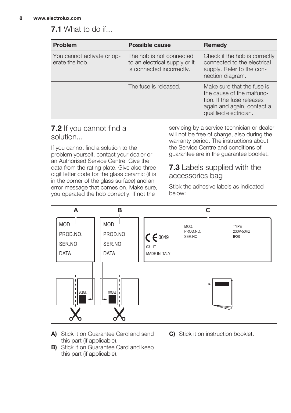 1 what to do if, 2 if you cannot find a solution, 3 labels supplied with the accessories bag | Electrolux EHF3920BOK User Manual | Page 8 / 44