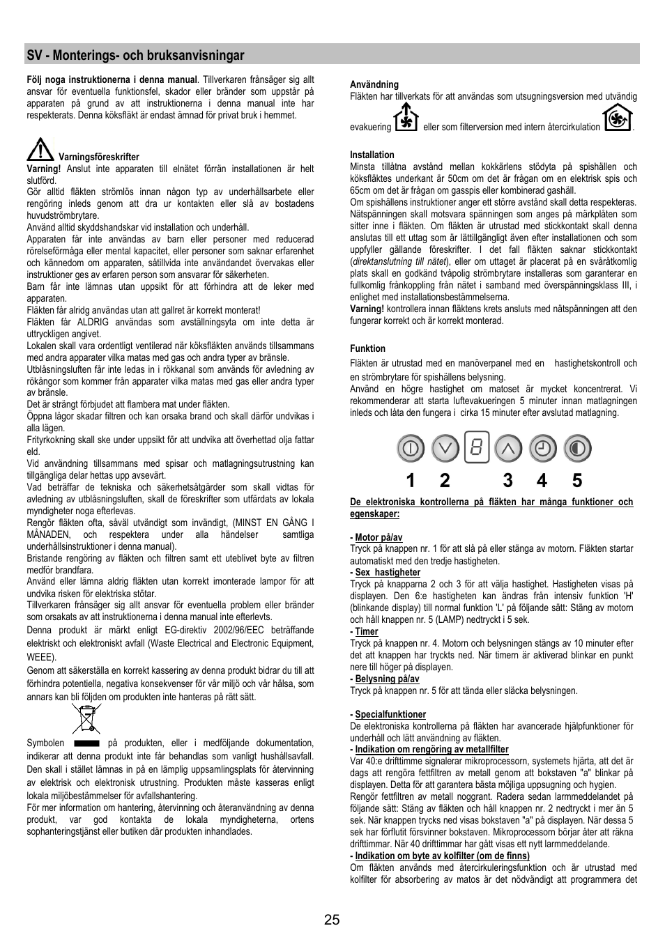 Sv - monterings- och bruksanvisningar | Electrolux EFC50800X User Manual | Page 24 / 72