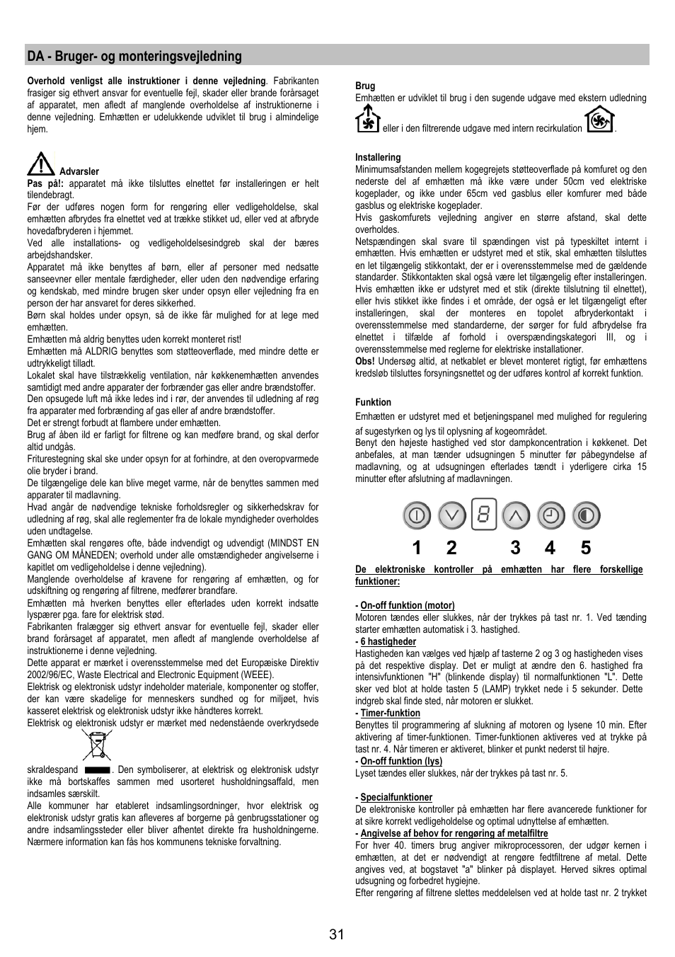 Da - bruger- og monteringsvejledning | Electrolux EFC50800X User Manual | Page 30 / 72