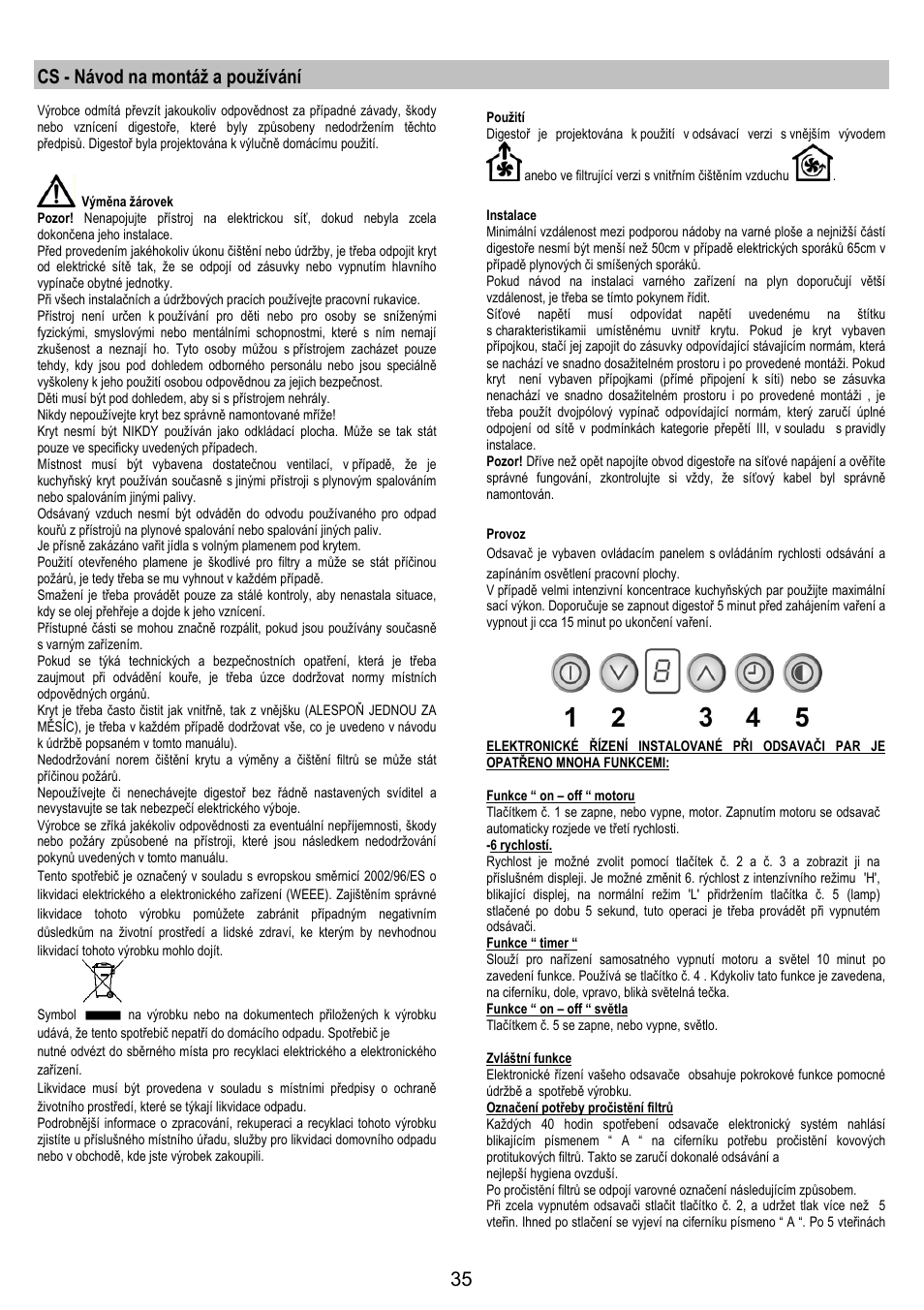 Cs - návod na montáž a používání | Electrolux EFC50800X User Manual | Page 34 / 72