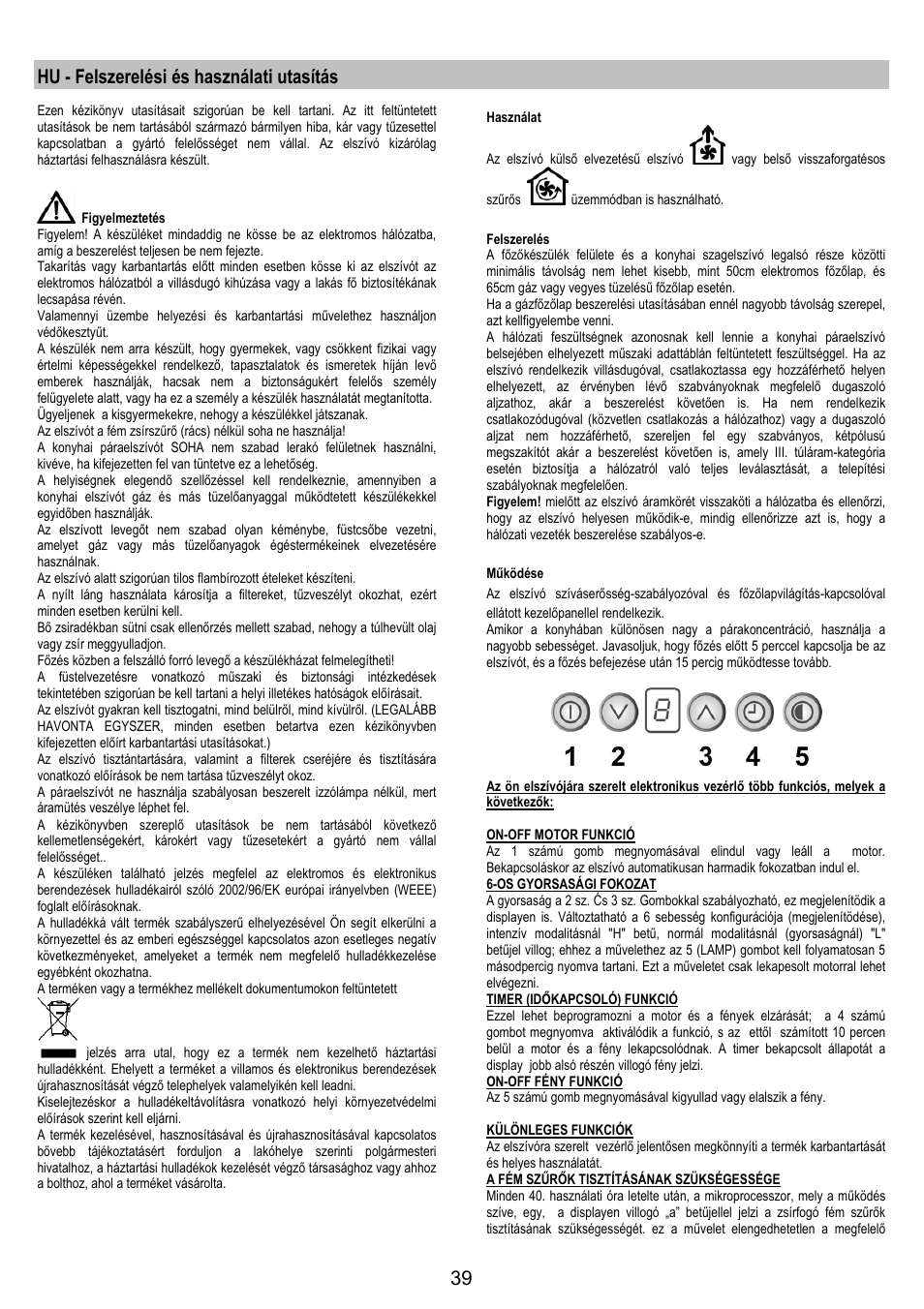 Hu - felszerelési és használati utasítás | Electrolux EFC50800X User Manual | Page 38 / 72