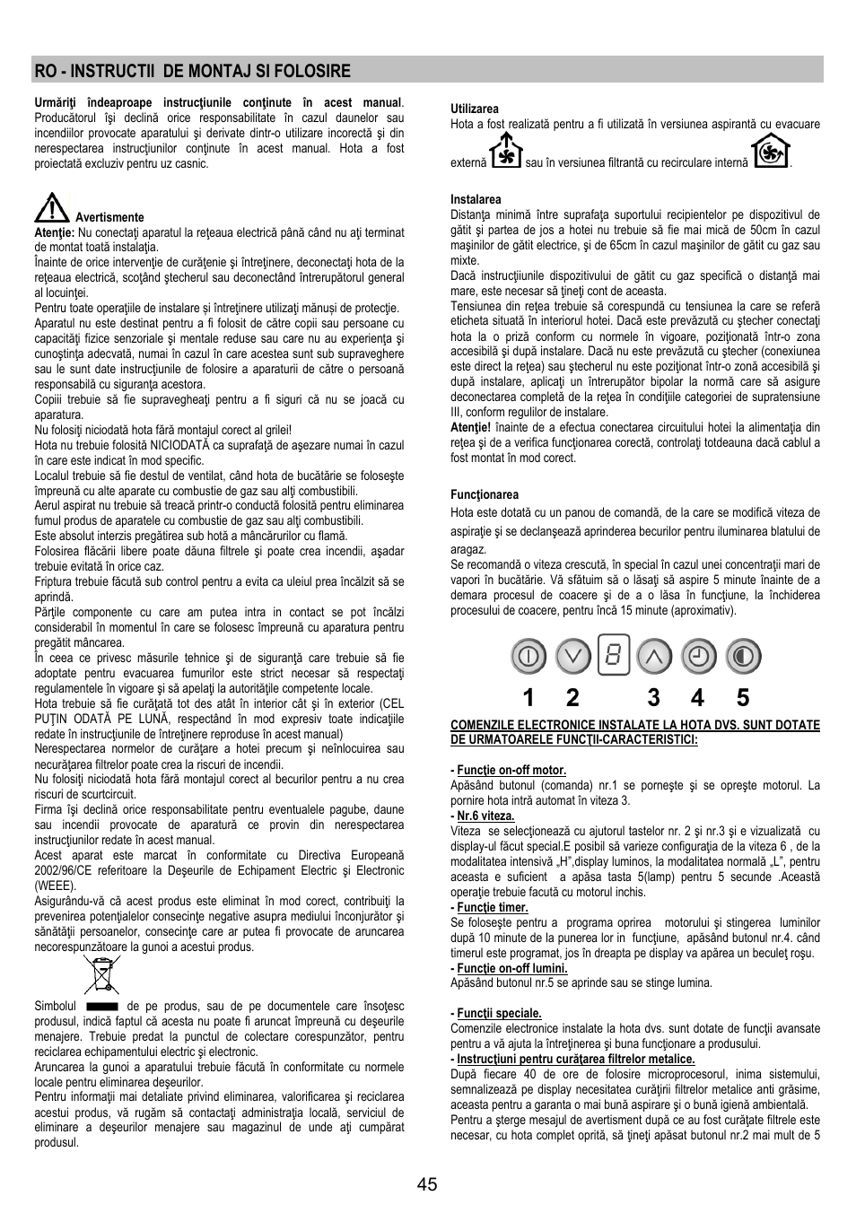 Ro - instructii de montaj si folosire | Electrolux EFC50800X User Manual | Page 44 / 72