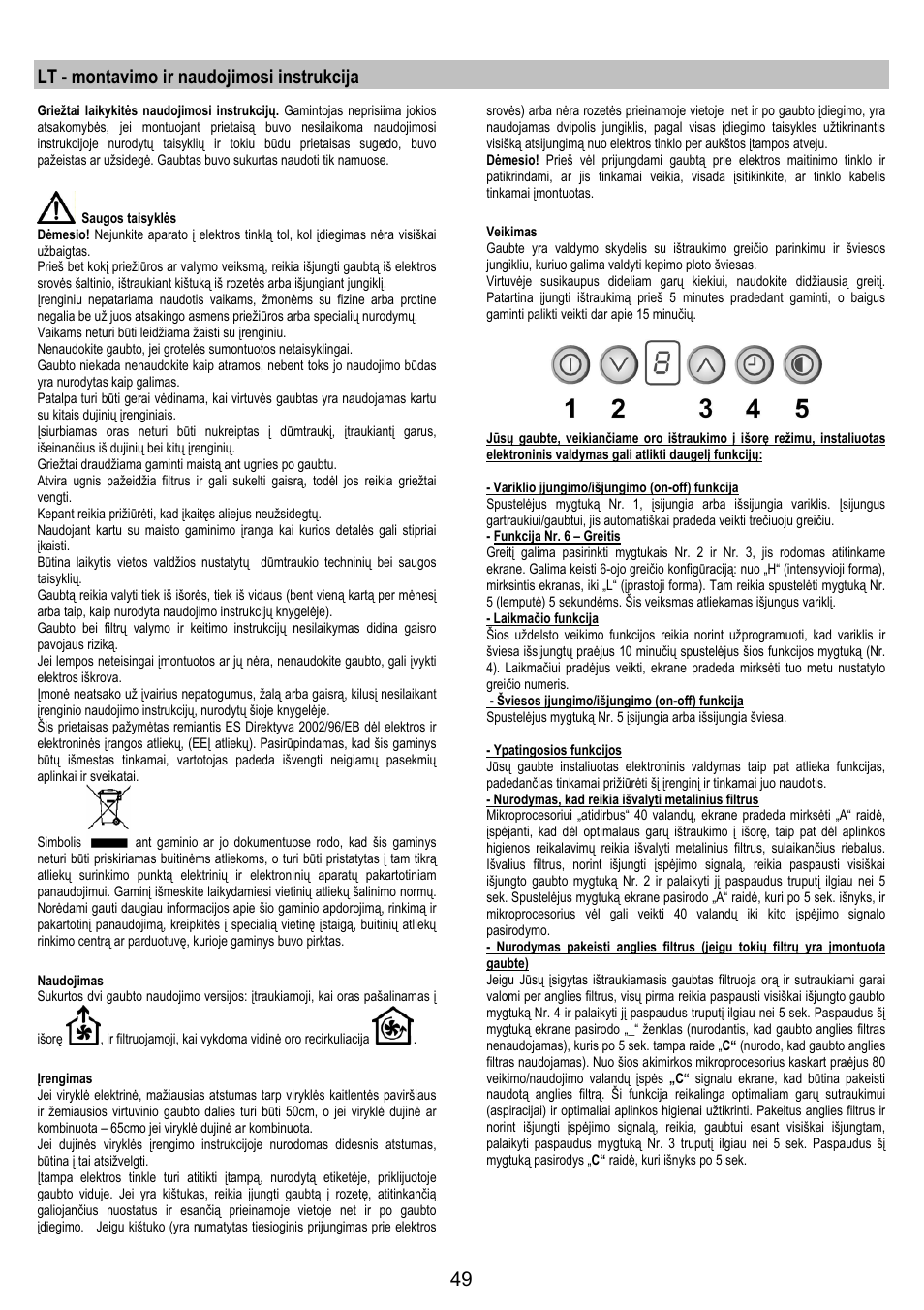 Lt - montavimo ir naudojimosi instrukcija | Electrolux EFC50800X User Manual | Page 48 / 72