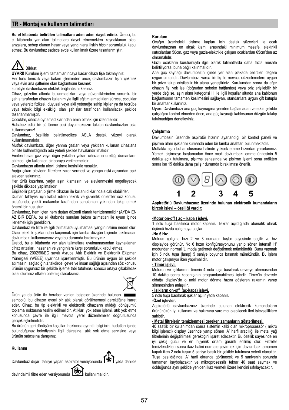 Tr - montaj ve kullanım talimatları | Electrolux EFC50800X User Manual | Page 56 / 72