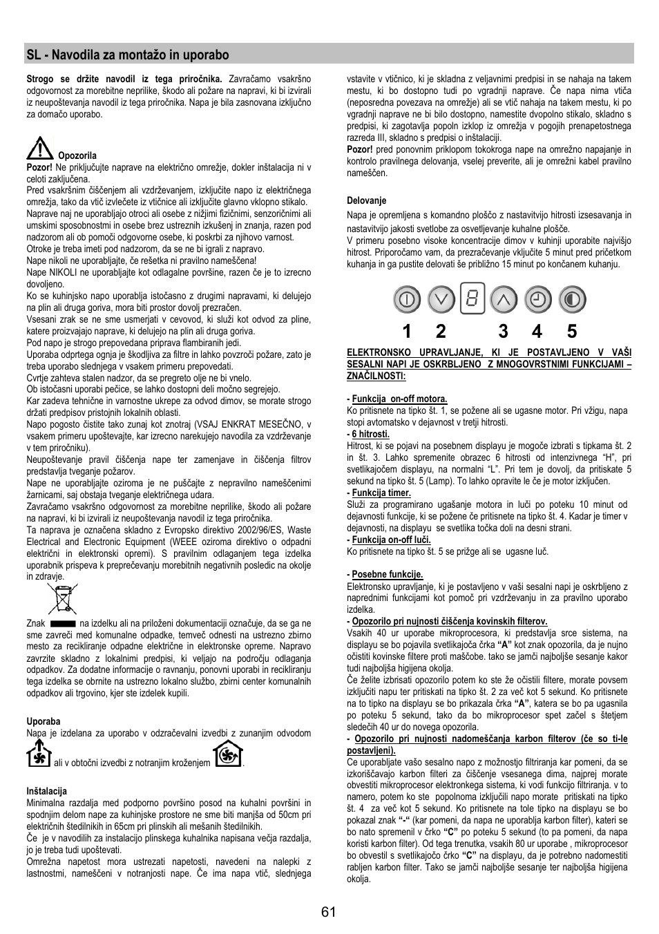 Sl - navodila za montažo in uporabo | Electrolux EFC50800X User Manual | Page 60 / 72