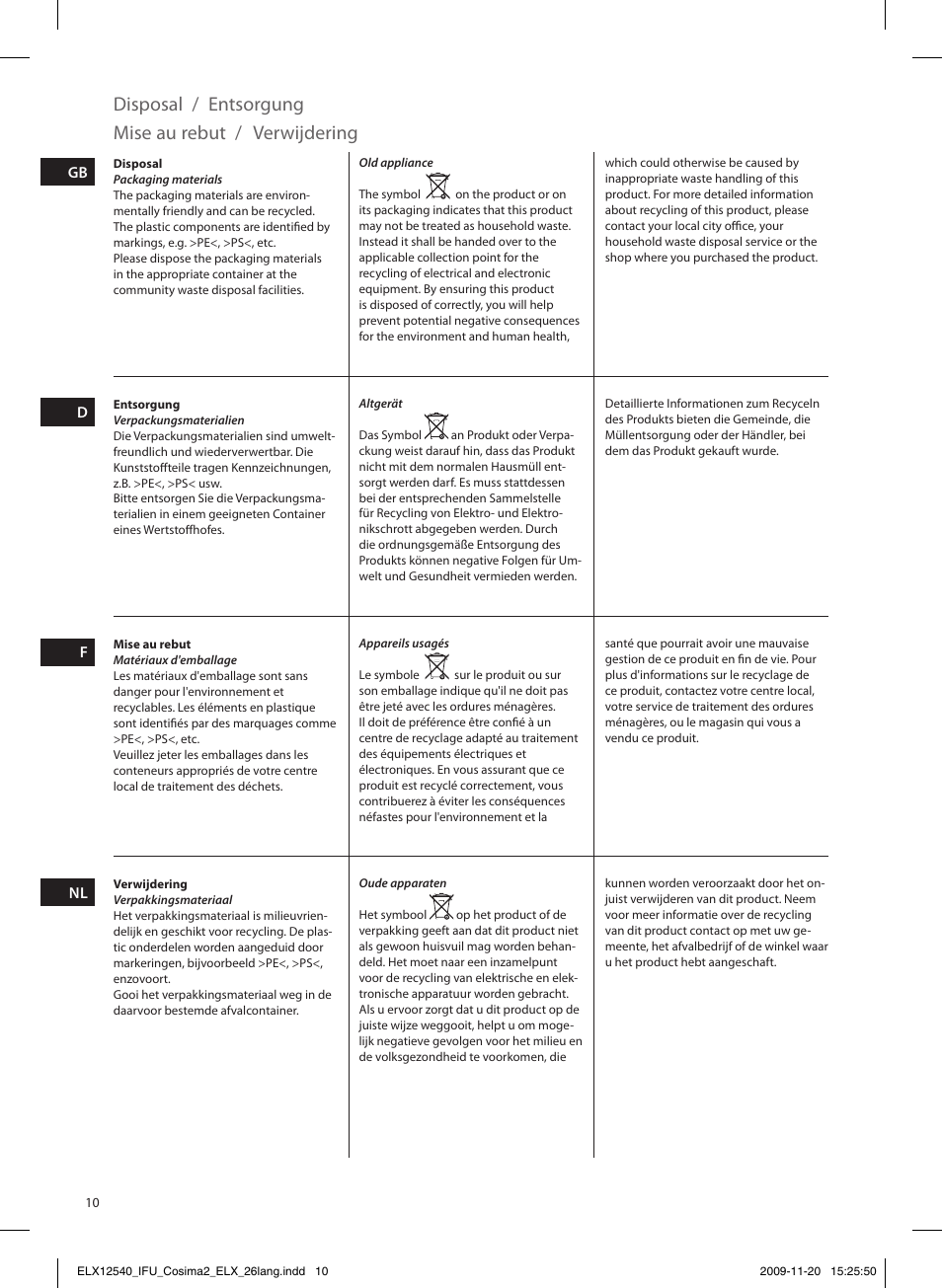 Disposal / entsorgung, Mise au rebut, Verwijdering | Electrolux EHM4400 User Manual | Page 10 / 64