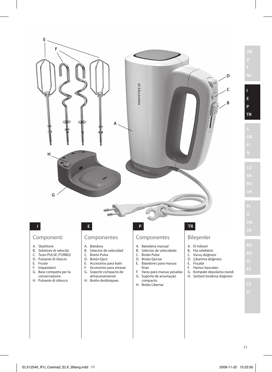 Componenti, Componentes, Bileşenler | Electrolux EHM4400 User Manual | Page 11 / 64