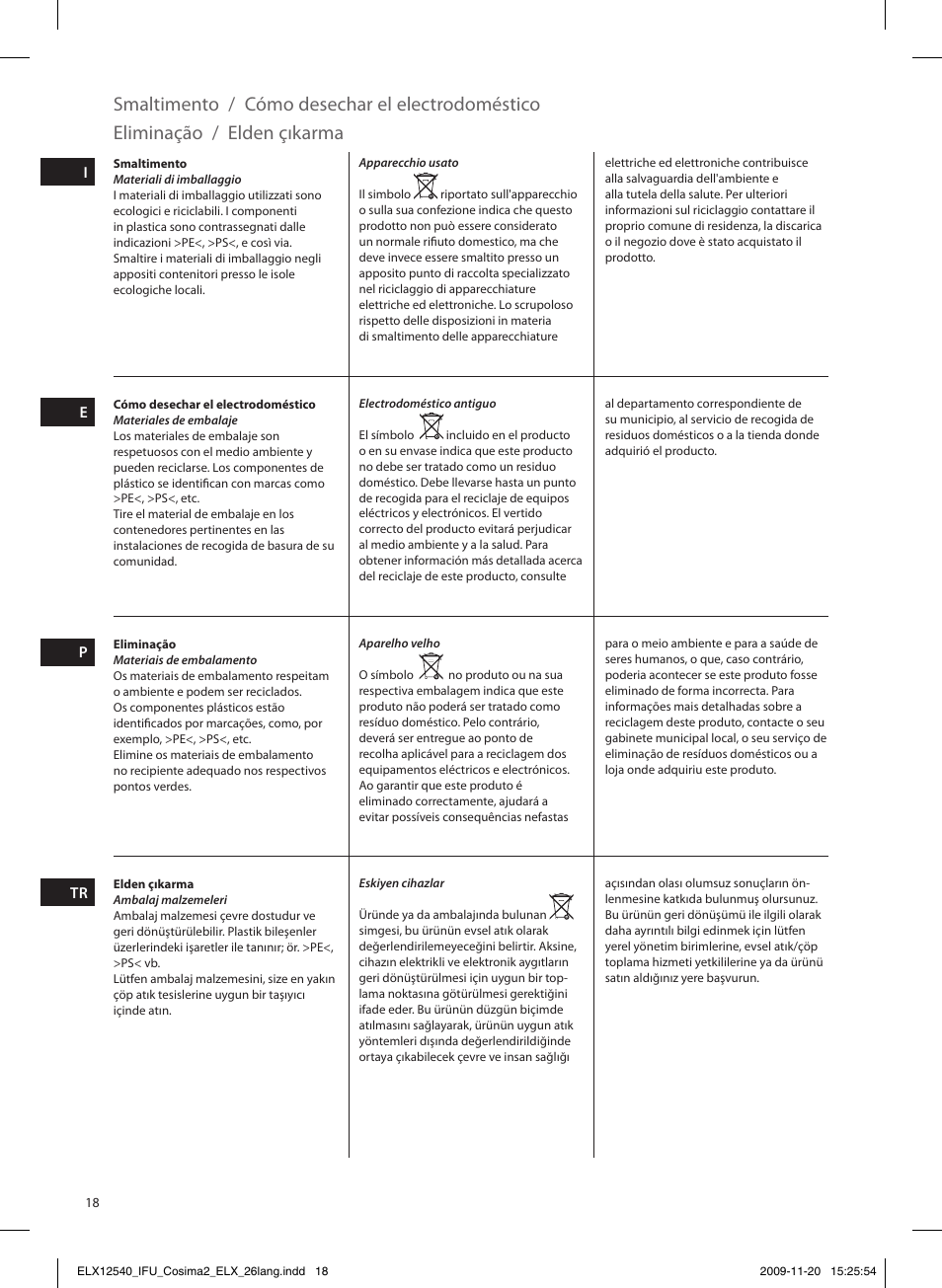 Smaltimento, Cómo desechar el electrodoméstico, Eliminação | Elden çıkarma | Electrolux EHM4400 User Manual | Page 18 / 64