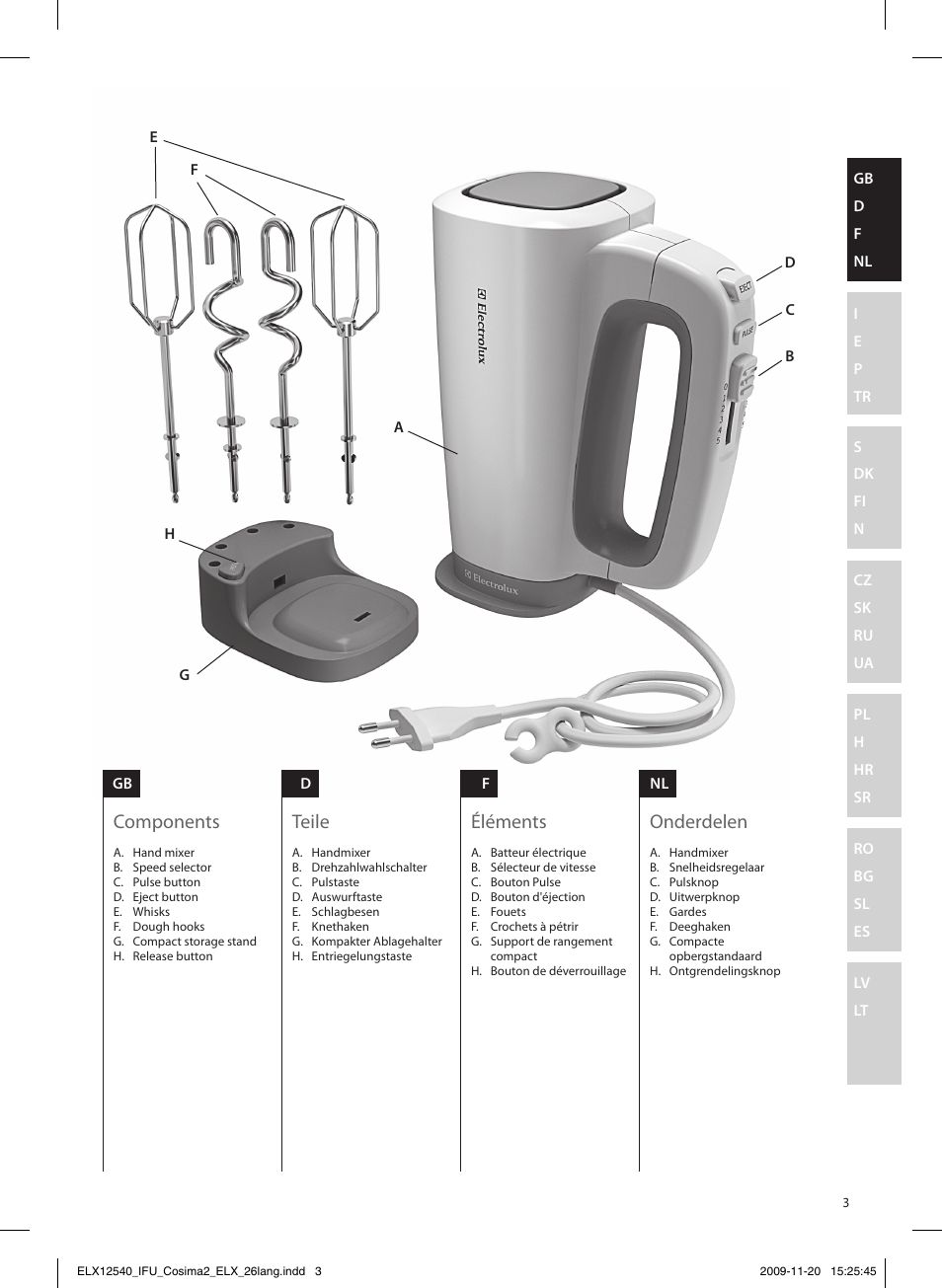 Components, Teile, Éléments | Onderdelen | Electrolux EHM4400 User Manual | Page 3 / 64