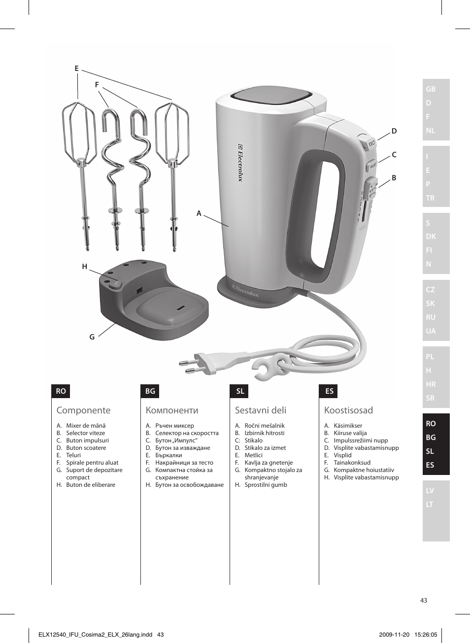 Componente, Компоненти, Sestavni deli | Koostisosad | Electrolux EHM4400 User Manual | Page 43 / 64