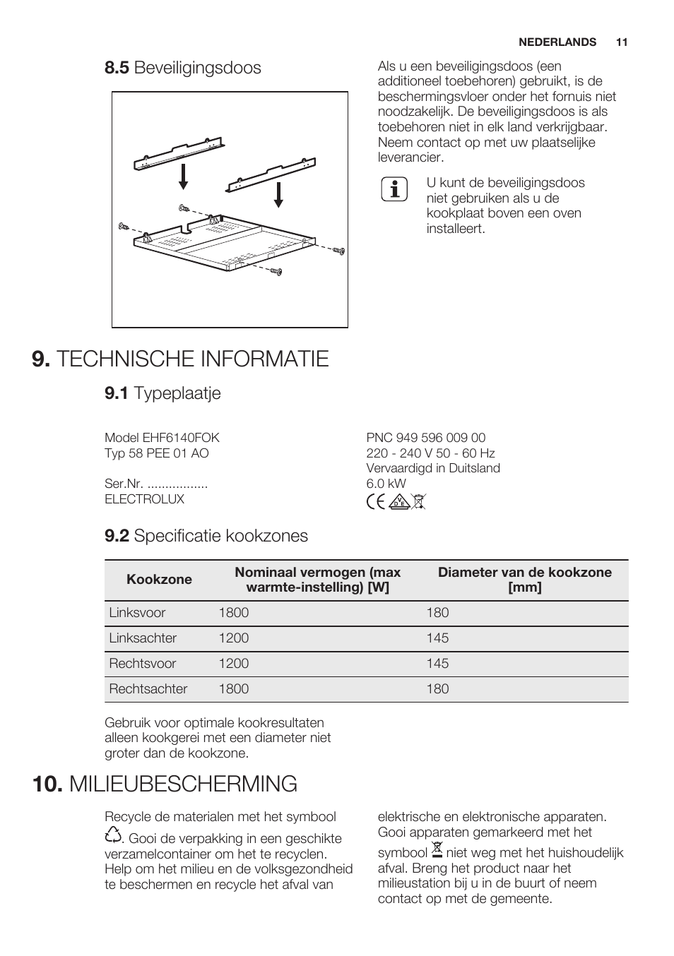 5 beveiligingsdoos, Technische informatie, 1 typeplaatje | 2 specificatie kookzones, Milieubescherming | Electrolux EHF6140FOK User Manual | Page 11 / 44