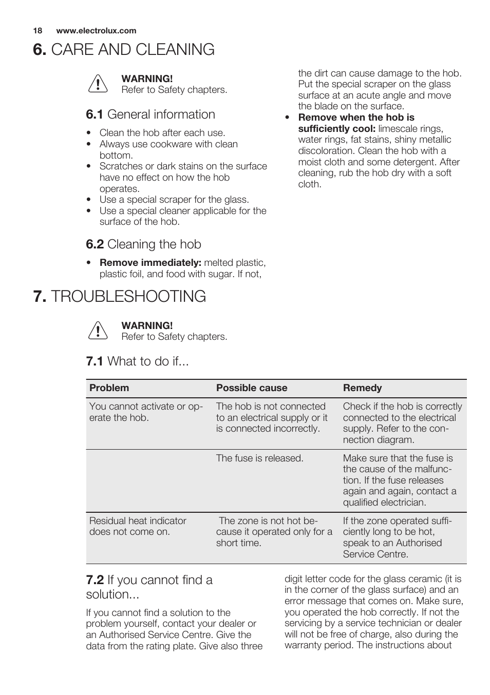 1 general information, 2 cleaning the hob, Troubleshooting | 1 what to do if, 2 if you cannot find a solution, Care and cleaning 7. troubleshooting, Care and cleaning | Electrolux EHF6140FOK User Manual | Page 18 / 44