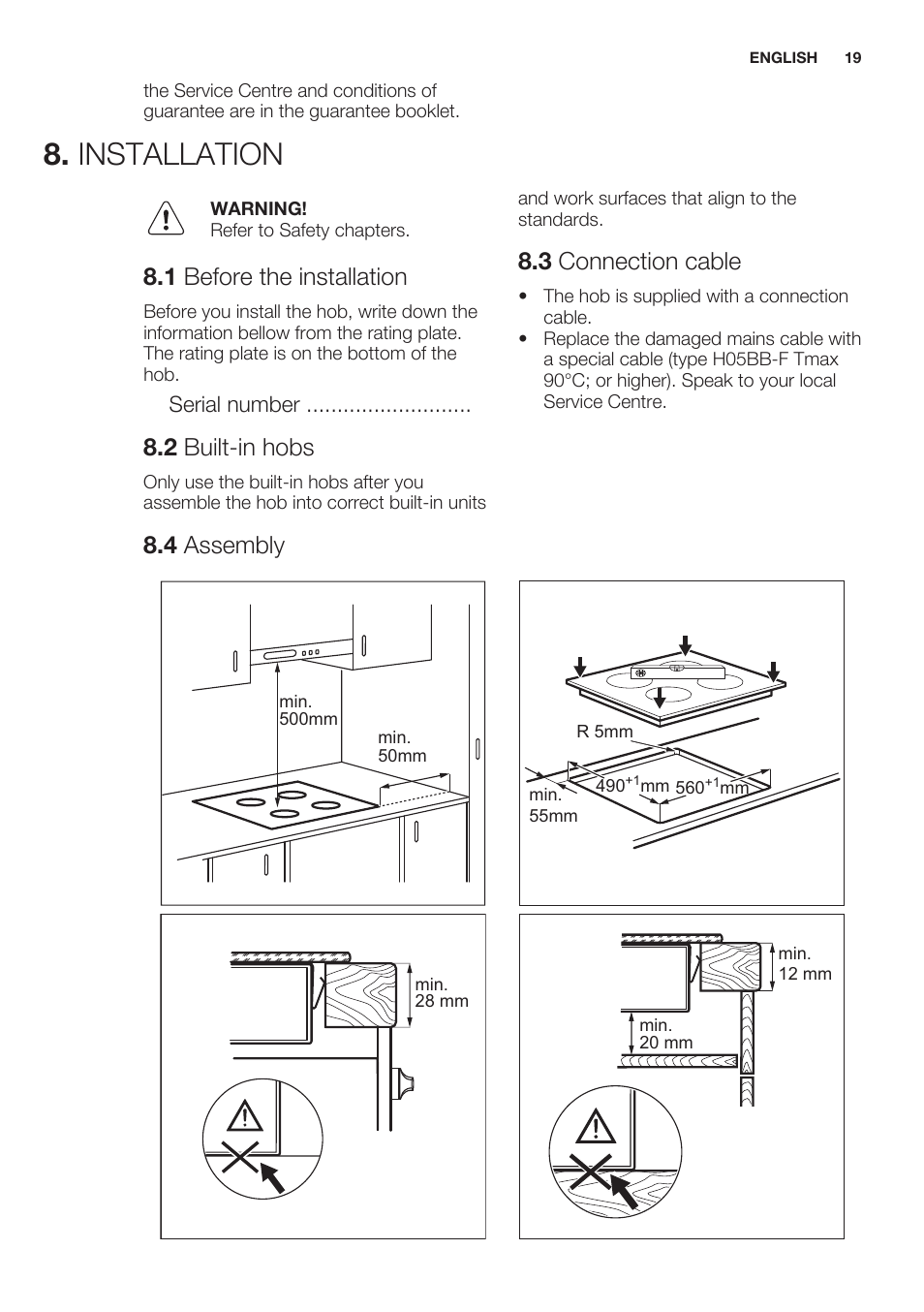 Installation, 1 before the installation, 2 built-in hobs | 3 connection cable, 4 assembly | Electrolux EHF6140FOK User Manual | Page 19 / 44