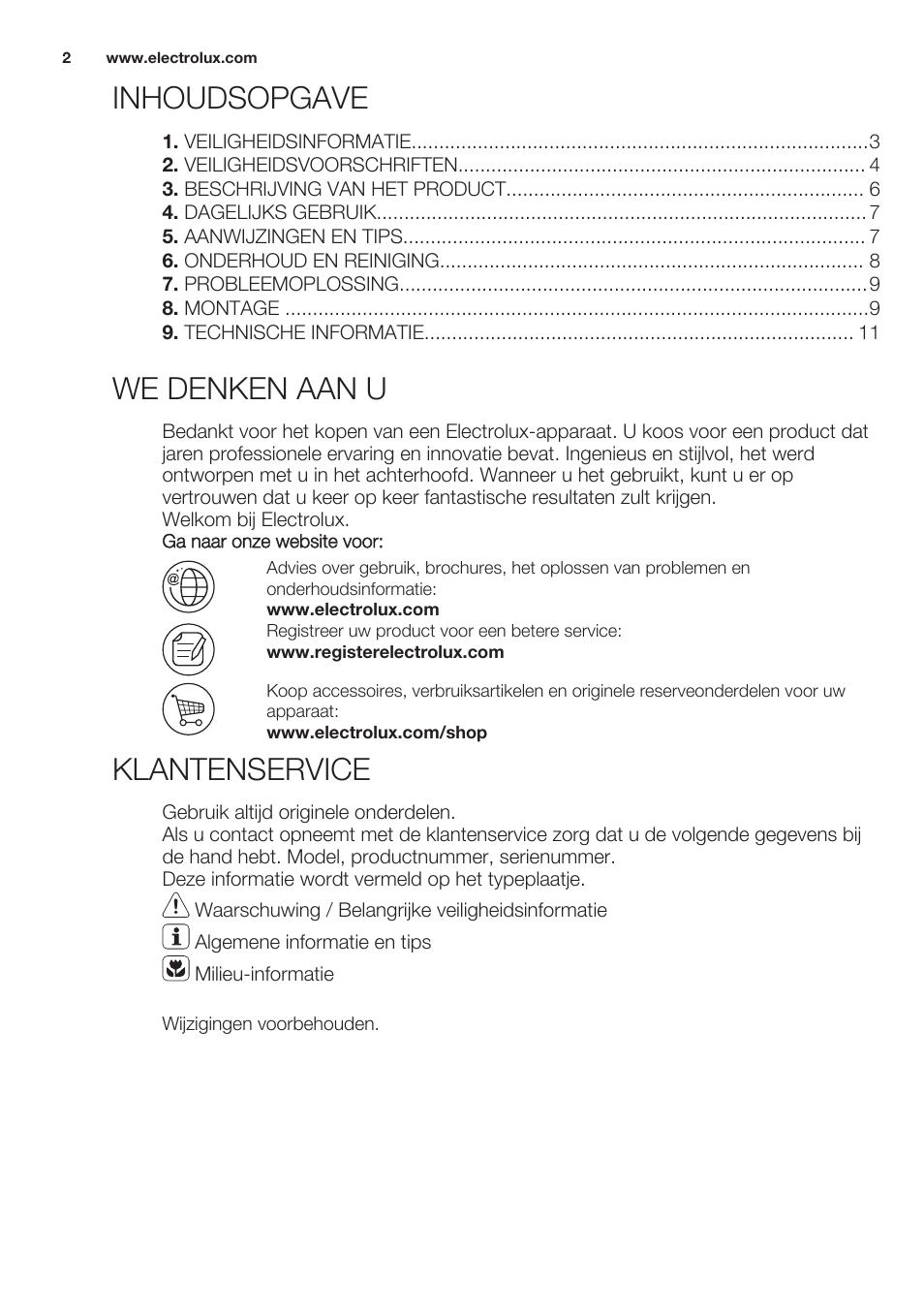 Inhoudsopgave, Gebruiksaanwijzing, We denken aan u | Klantenservice | Electrolux EHF6140FOK User Manual | Page 2 / 44