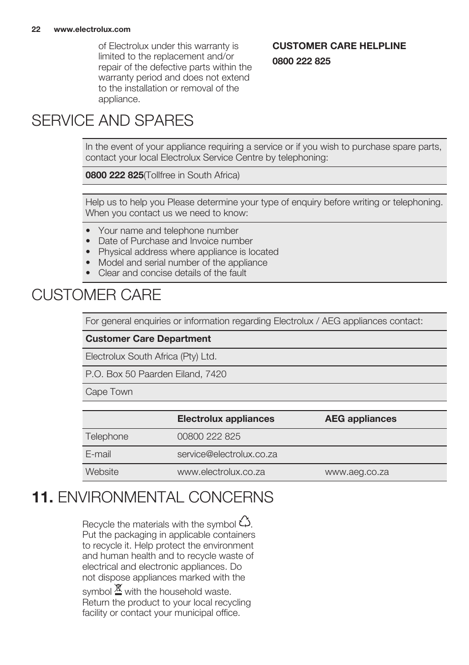 Service and spares, Customer care, Environmental concerns | Electrolux EHF6140FOK User Manual | Page 22 / 44