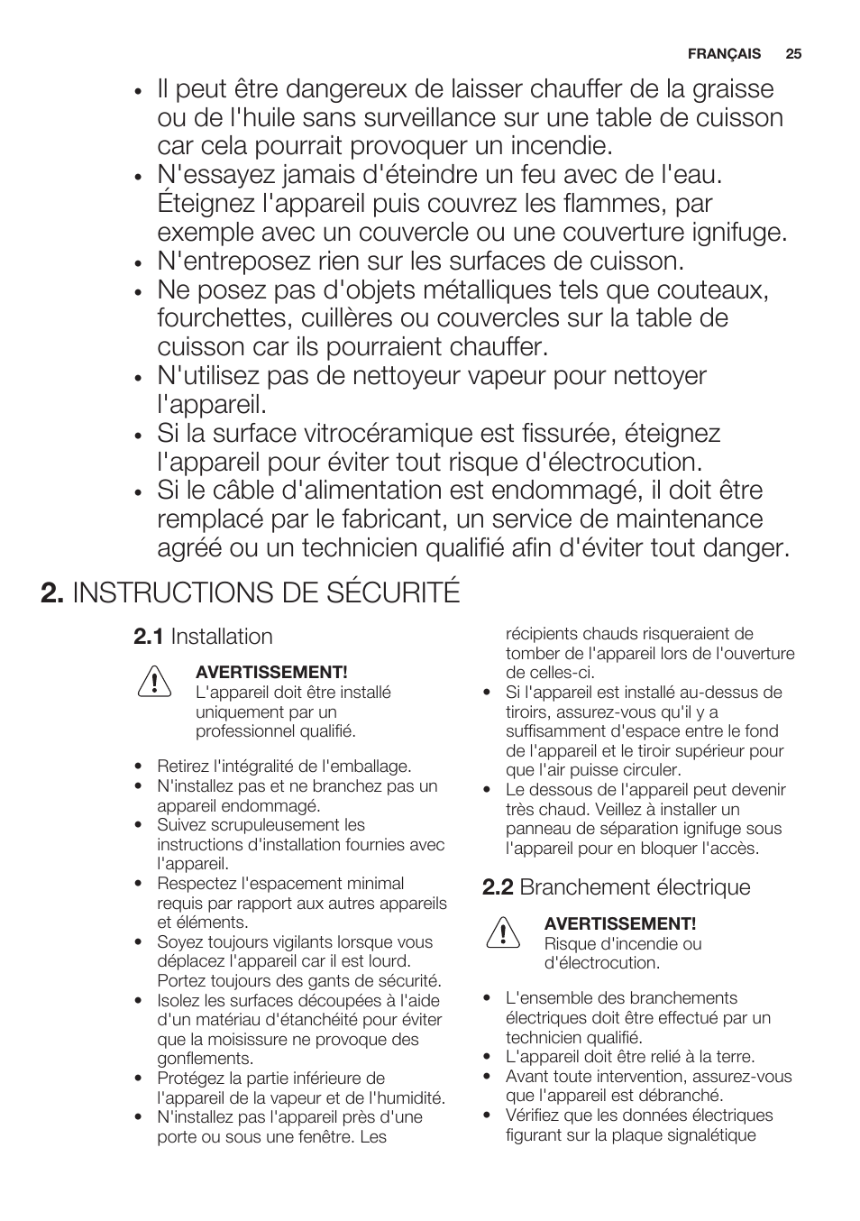 Instructions de sécurité, 1 installation, 2 branchement électrique | N'entreposez rien sur les surfaces de cuisson | Electrolux EHF6140FOK User Manual | Page 25 / 44