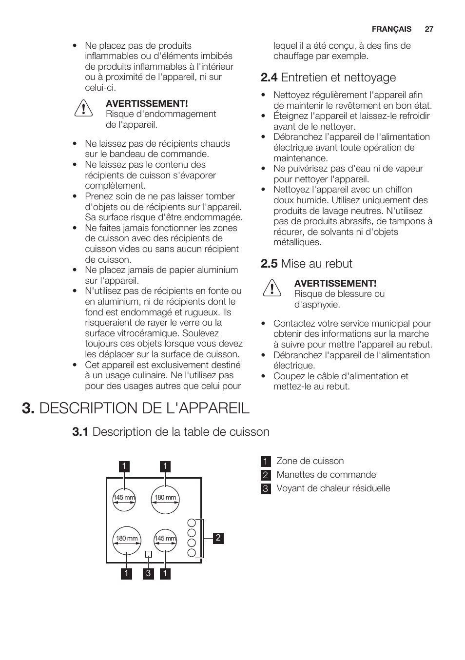 4 entretien et nettoyage, 5 mise au rebut, Description de l'appareil | 1 description de la table de cuisson | Electrolux EHF6140FOK User Manual | Page 27 / 44