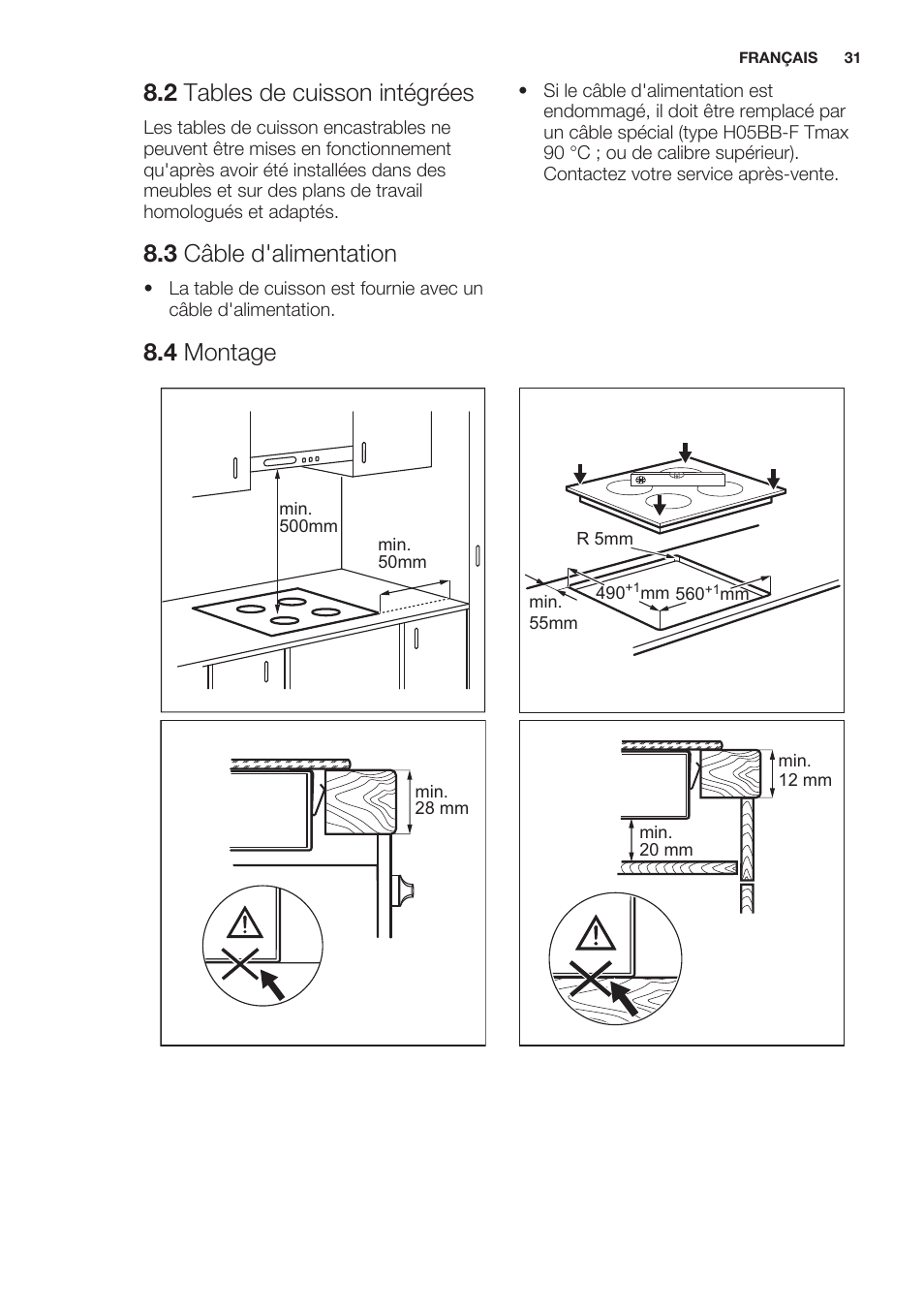 2 tables de cuisson intégrées, 3 câble d'alimentation, 4 montage | Electrolux EHF6140FOK User Manual | Page 31 / 44