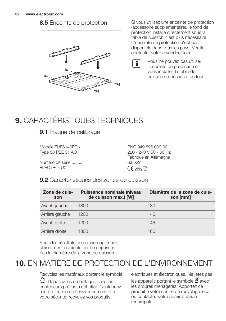 5 enceinte de protection, Caractéristiques techniques, 1 plaque de calibrage | 2 caractéristiques des zones de cuisson, En matière de protection de l'environnement | Electrolux EHF6140FOK User Manual | Page 32 / 44