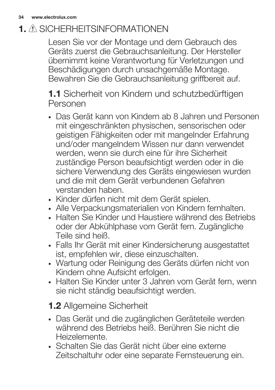 Sicherheitsinformationen, 2 allgemeine sicherheit | Electrolux EHF6140FOK User Manual | Page 34 / 44