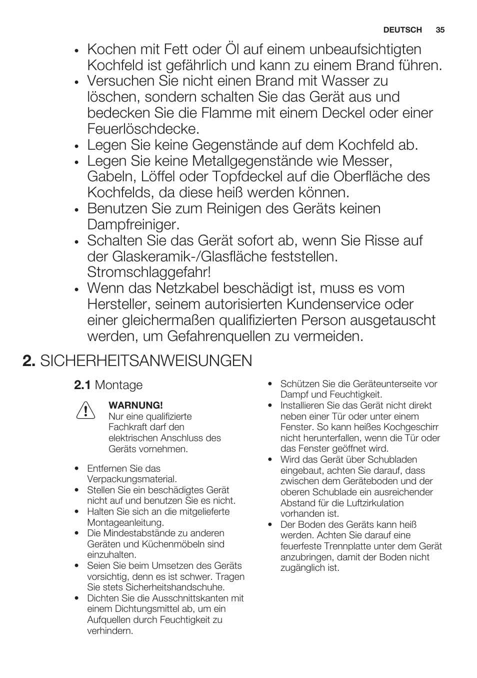 Sicherheitsanweisungen, 1 montage, Legen sie keine gegenstände auf dem kochfeld ab | Electrolux EHF6140FOK User Manual | Page 35 / 44