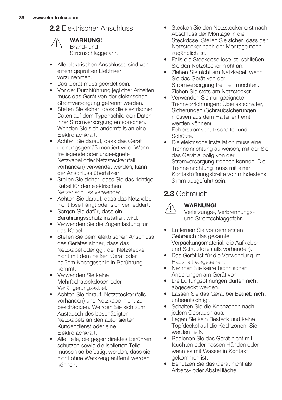 2 elektrischer anschluss, 3 gebrauch | Electrolux EHF6140FOK User Manual | Page 36 / 44