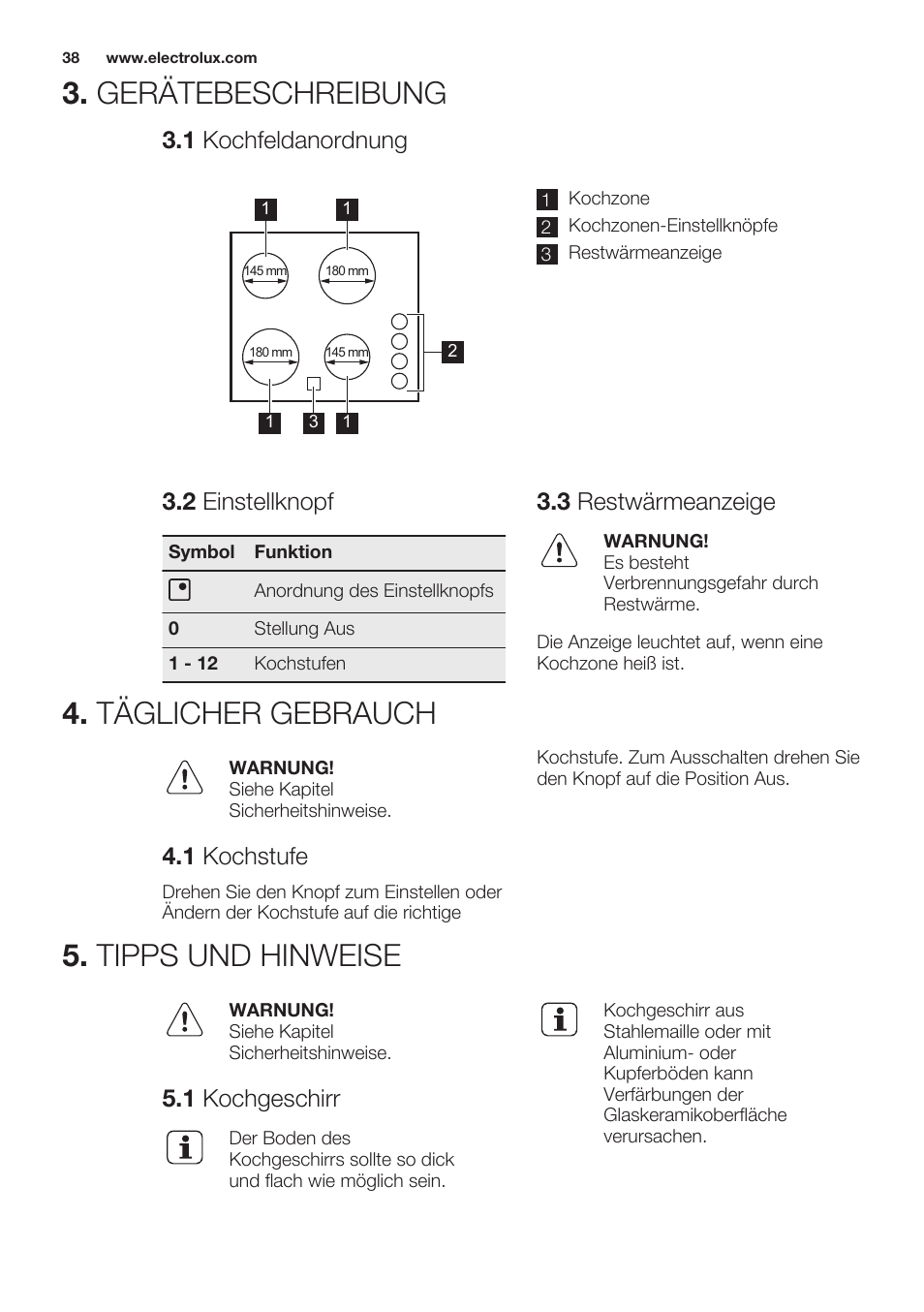 1 kochfeldanordnung, 2 einstellknopf, 3 restwärmeanzeige | Täglicher gebrauch, 1 kochstufe, Tipps und hinweise, 1 kochgeschirr, Gerätebeschreibung | Electrolux EHF6140FOK User Manual | Page 38 / 44