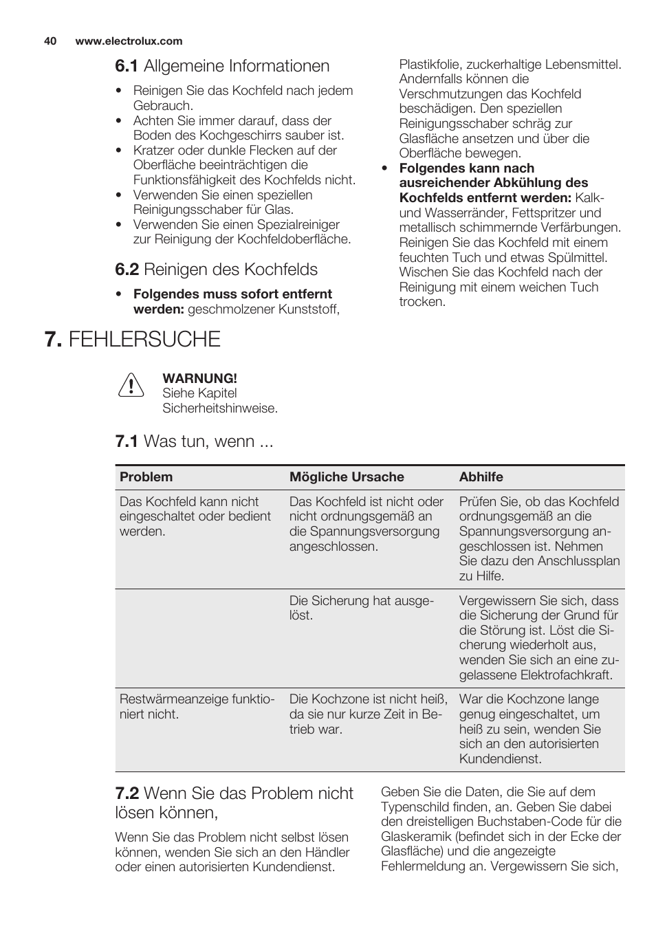 1 allgemeine informationen, 2 reinigen des kochfelds, Fehlersuche | 1 was tun, wenn, 2 wenn sie das problem nicht lösen können | Electrolux EHF6140FOK User Manual | Page 40 / 44