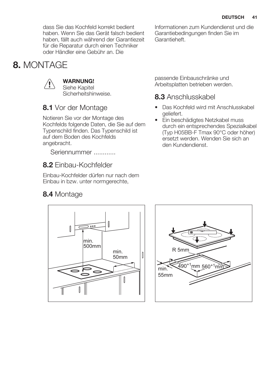 Montage, 1 vor der montage, 2 einbau-kochfelder | 3 anschlusskabel, 4 montage | Electrolux EHF6140FOK User Manual | Page 41 / 44