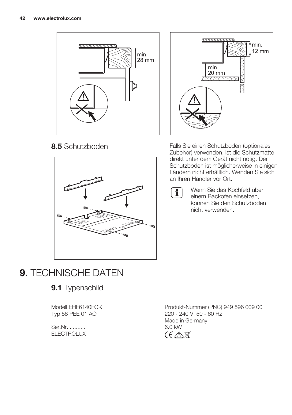 5 schutzboden, Technische daten, 1 typenschild | Electrolux EHF6140FOK User Manual | Page 42 / 44