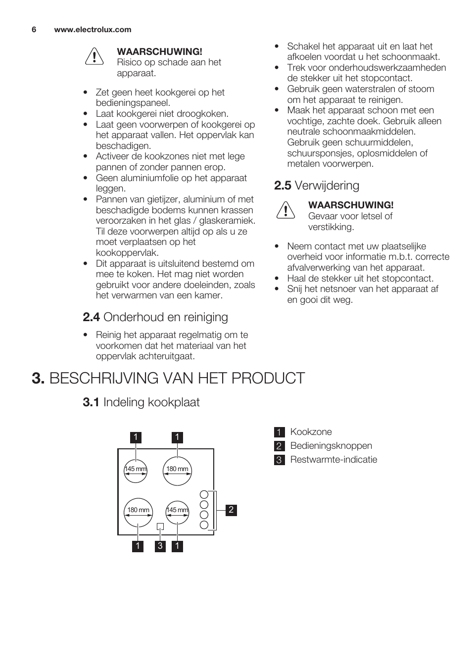 4 onderhoud en reiniging, 5 verwijdering, Beschrijving van het product | 1 indeling kookplaat | Electrolux EHF6140FOK User Manual | Page 6 / 44