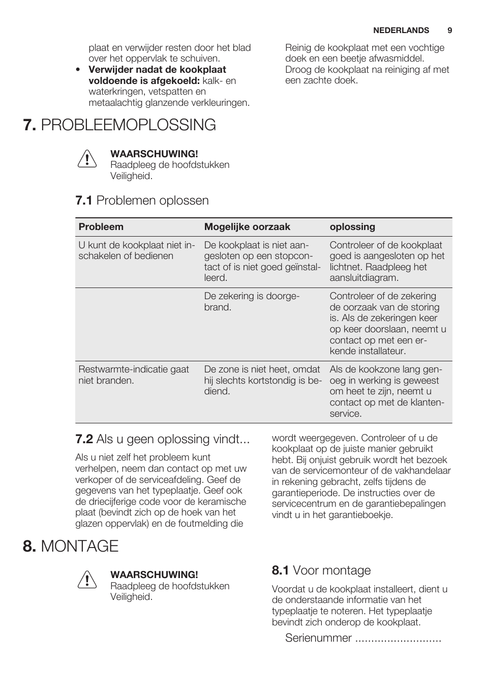 Probleemoplossing, 1 problemen oplossen, 2 als u geen oplossing vindt | Montage, 1 voor montage, Probleemoplossing 8. montage | Electrolux EHF6140FOK User Manual | Page 9 / 44