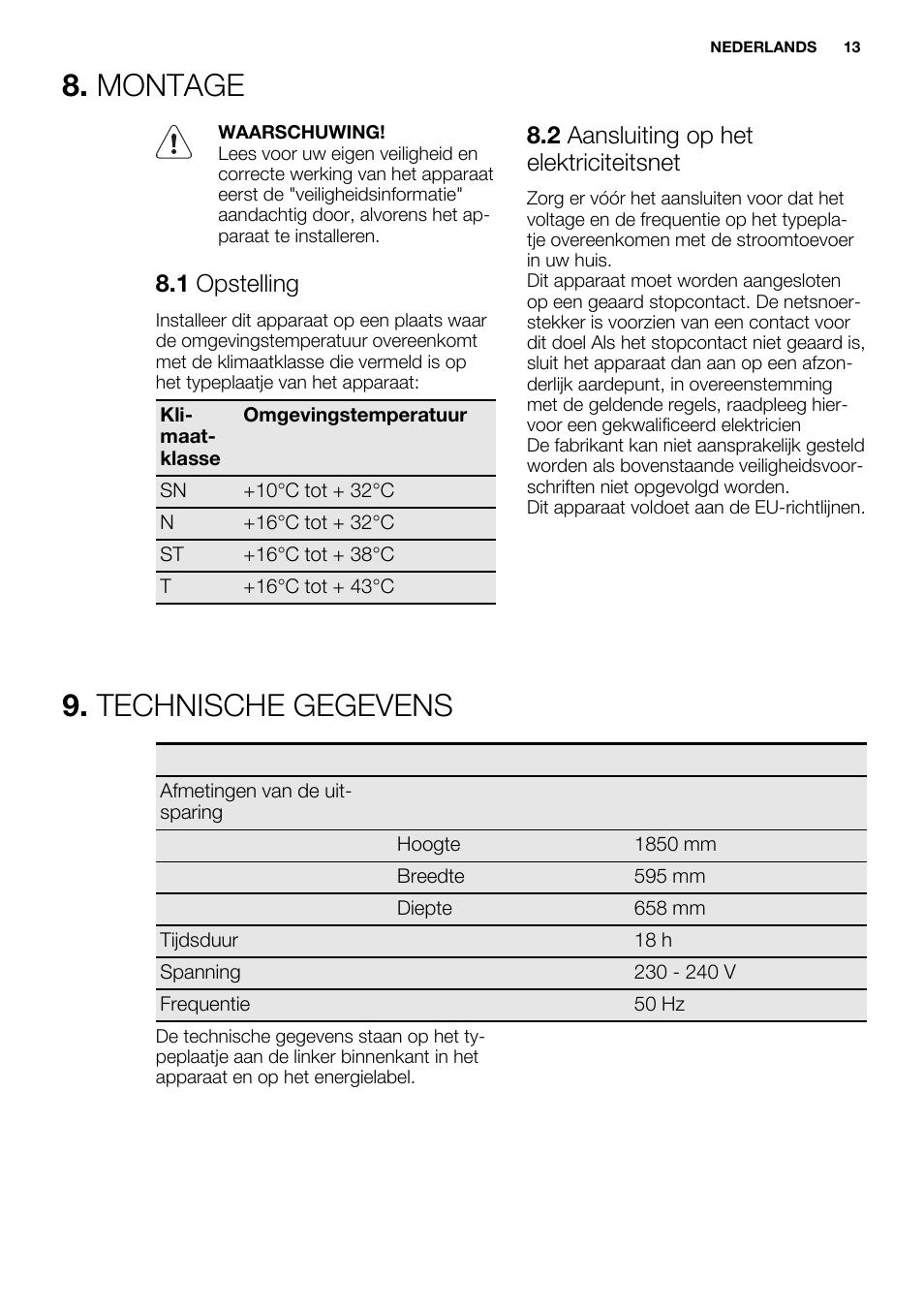 Montage, Technische gegevens, 1 opstelling | 2 aansluiting op het elektriciteitsnet | Electrolux EN3450COX User Manual | Page 13 / 56